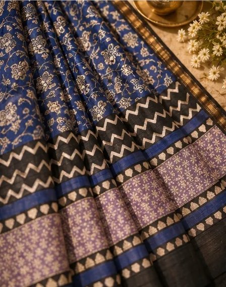 Regal Indigo Blue Maheswari Silk Saree with Traditional Block Prints view 5