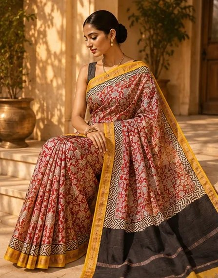 Elegant Brick Red Maheswari Silk Saree with Contrast Charcoal Pallu