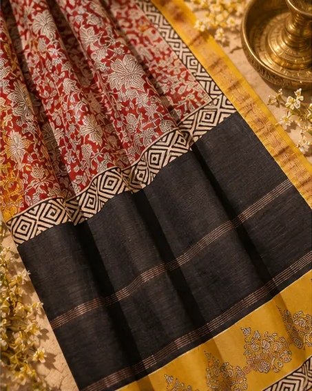 Elegant Brick Red Maheswari Silk Saree with Contrast Charcoal Pallu view 3