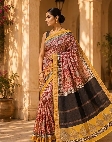 Elegant Brick Red Maheswari Silk Saree with Contrast Charcoal Pallu view 4