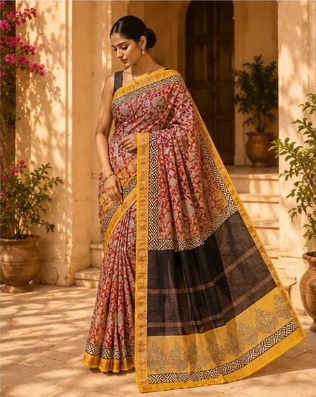 Elegant Brick Red Maheswari Silk Saree with Contrast Charcoal Pallu view 6