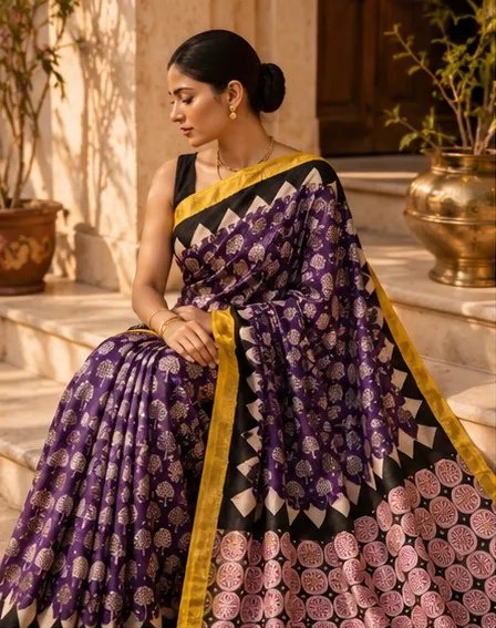 Regal Purple Maheswari Silk Saree with Geometric Circular Pallu