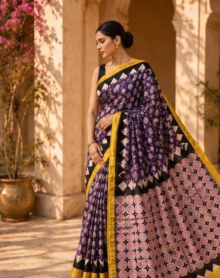 Regal Purple Maheswari Silk Saree with Geometric Circular Pallu view 4
