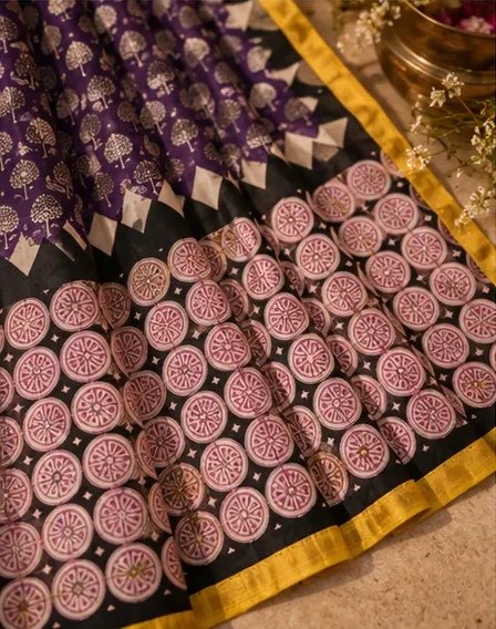 Regal Purple Maheswari Silk Saree with Geometric Circular Pallu view 5