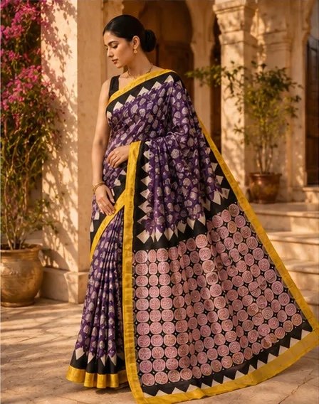 Regal Purple Maheswari Silk Saree with Geometric Circular Pallu view 6