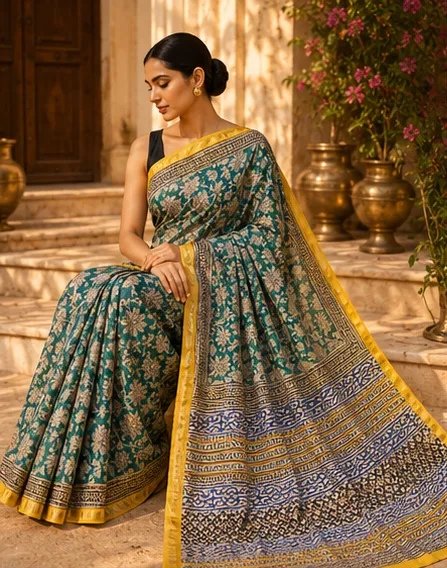 Regal Bottle Green Maheswari Silk Saree with Mustard Zari Border