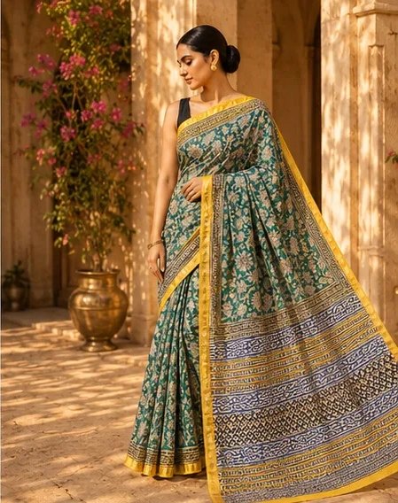 Regal Bottle Green Maheswari Silk Saree with Mustard Zari Border view 4