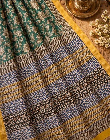 Regal Bottle Green Maheswari Silk Saree with Mustard Zari Border view 5