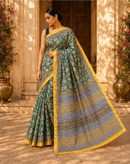 Regal Bottle Green Maheswari Silk Saree with Mustard Zari Border view 6