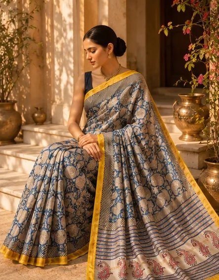 Elegant Indigo Blue and Cream Maheswari Silk Saree with Paisley Pallu