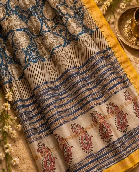 Elegant Indigo Blue and Cream Maheswari Silk Saree with Paisley Pallu view 3