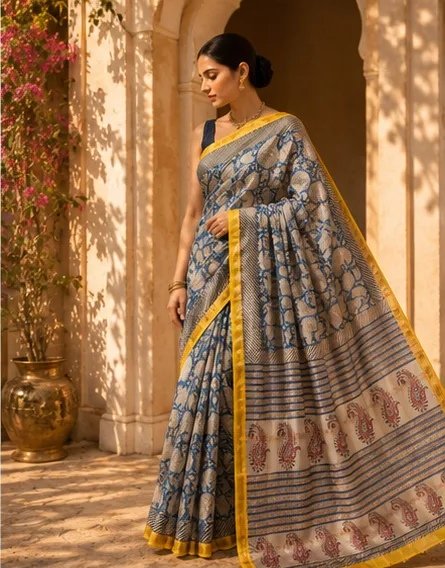 Elegant Indigo Blue and Cream Maheswari Silk Saree with Paisley Pallu view 4