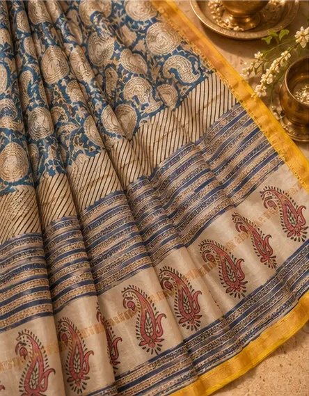 Elegant Indigo Blue and Cream Maheswari Silk Saree with Paisley Pallu view 5