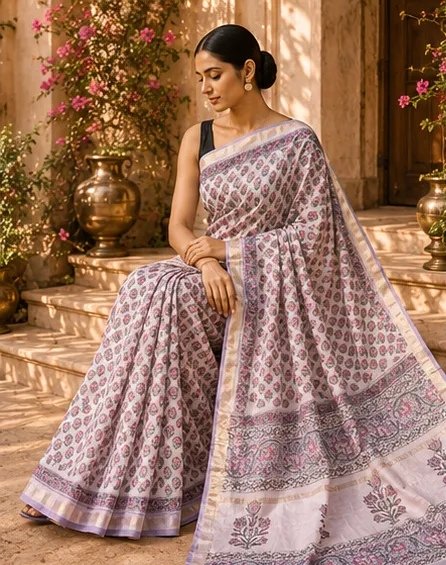 Elegant Off-White Maheswari Silk Saree with Mauve Floral Block Prints