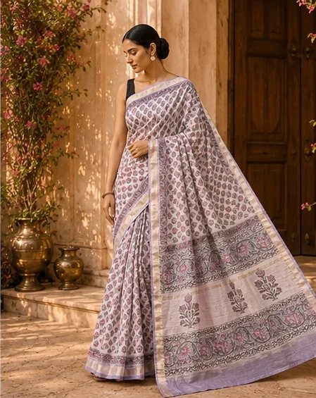 Elegant Off-White Maheswari Silk Saree with Mauve Floral Block Prints view 4
