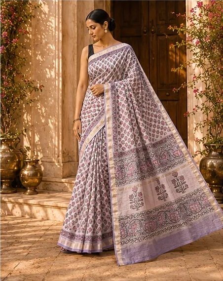 Elegant Off-White Maheswari Silk Saree with Mauve Floral Block Prints view 6