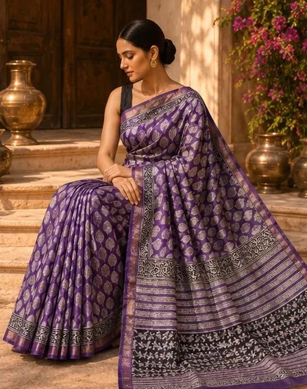 Elegant Purple Maheswari Silk Saree with Traditional Block Prints