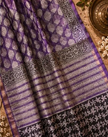 Elegant Purple Maheswari Silk Saree with Traditional Block Prints view 3