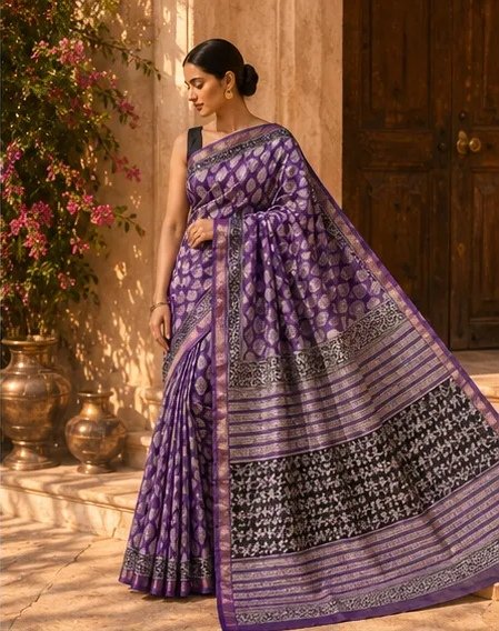 Elegant Purple Maheswari Silk Saree with Traditional Block Prints view 4