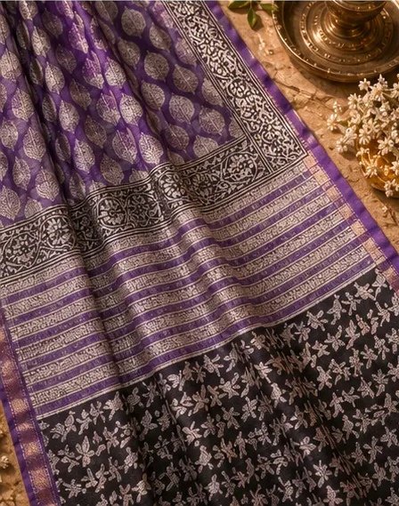 Elegant Purple Maheswari Silk Saree with Traditional Block Prints view 5