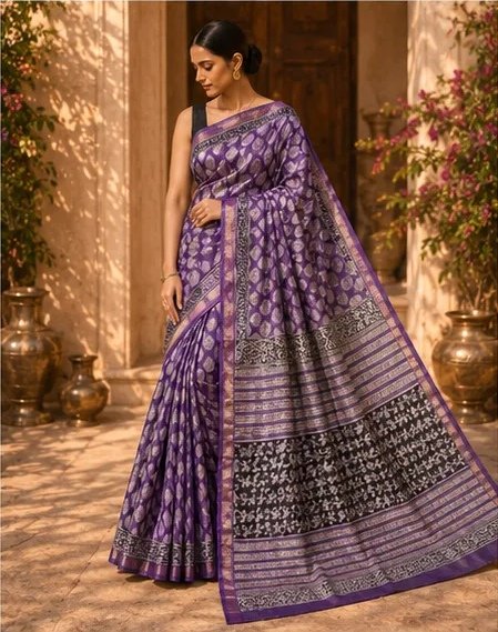 Elegant Purple Maheswari Silk Saree with Traditional Block Prints view 6