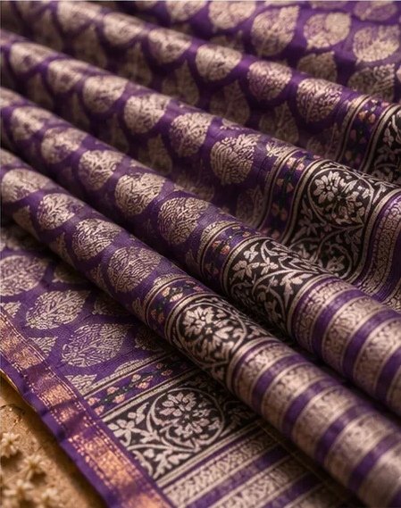 Elegant Purple Maheswari Silk Saree with Traditional Block Prints view 7