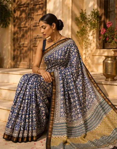 Elegant Blue and Yellow Maheswari Silk Saree
