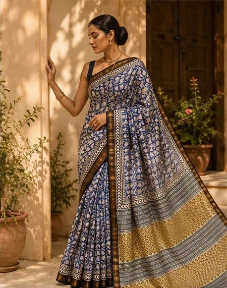 Elegant Blue and Yellow Maheswari Silk Saree view 4