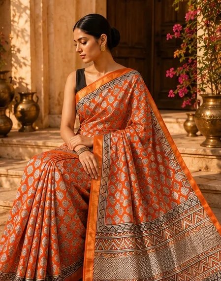 Vibrant Orange Maheswari Silk Saree with Geometric Block Prints