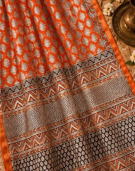 Vibrant Orange Maheswari Silk Saree with Geometric Block Prints view 3