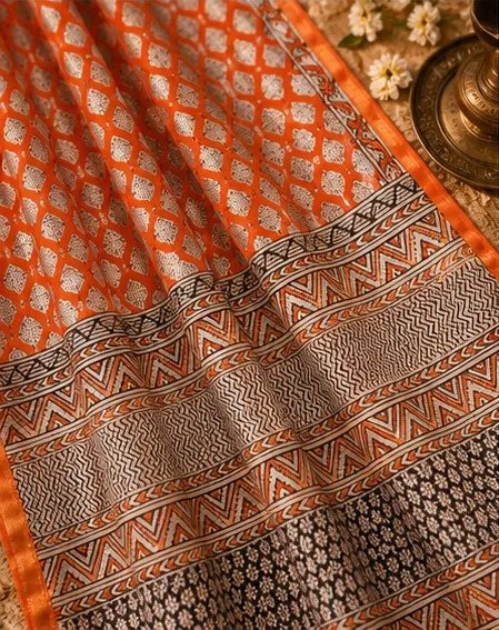 Vibrant Orange Maheswari Silk Saree with Geometric Block Prints view 5