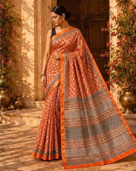 Vibrant Orange Maheswari Silk Saree with Geometric Block Prints view 6