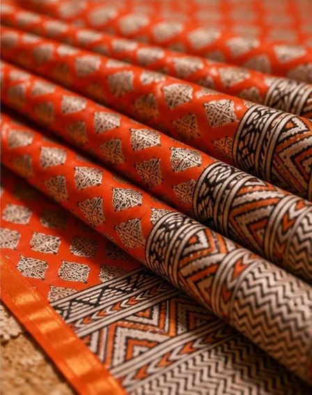 Vibrant Orange Maheswari Silk Saree with Geometric Block Prints view 7