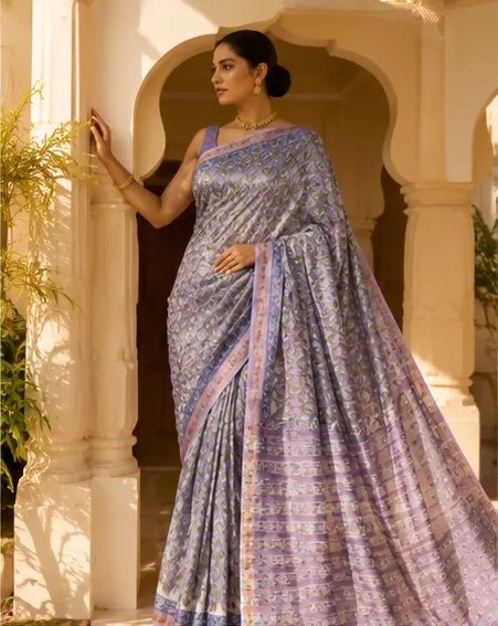 Lavender and Pastel Green Maheswari Silk Saree view 4
