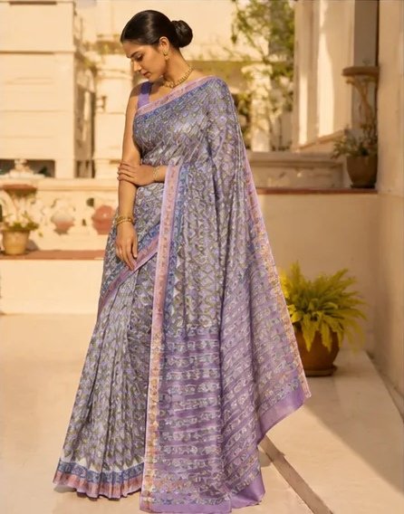 Lavender and Pastel Green Maheswari Silk Saree view 6