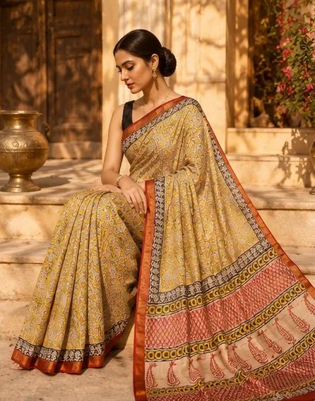 Stunning Yellow and Rust Maheswari Silk Saree with Paisley Pallu