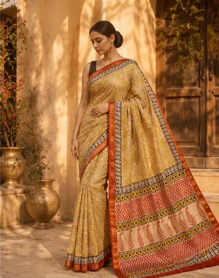 Stunning Yellow and Rust Maheswari Silk Saree with Paisley Pallu view 4