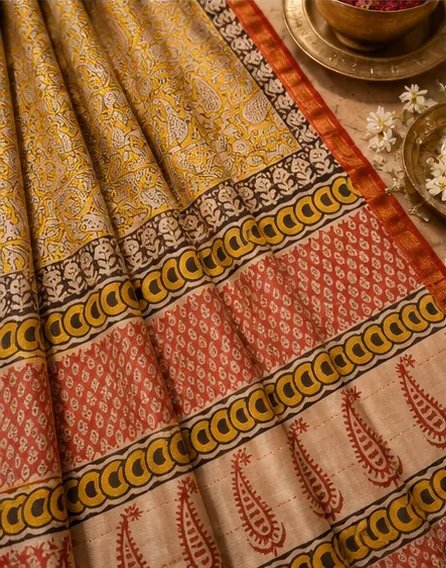 Stunning Yellow and Rust Maheswari Silk Saree with Paisley Pallu view 5