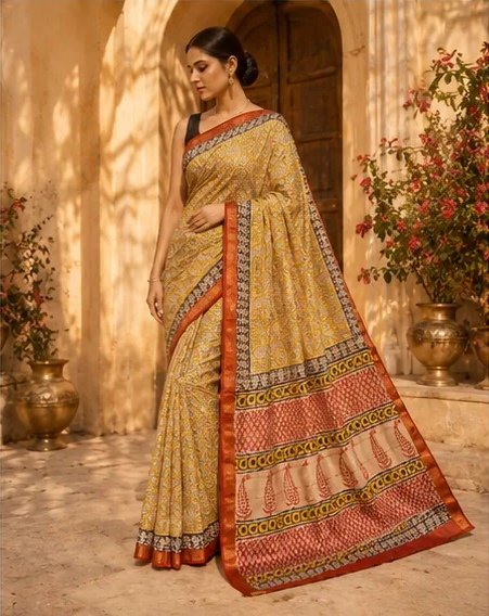 Stunning Yellow and Rust Maheswari Silk Saree with Paisley Pallu view 6