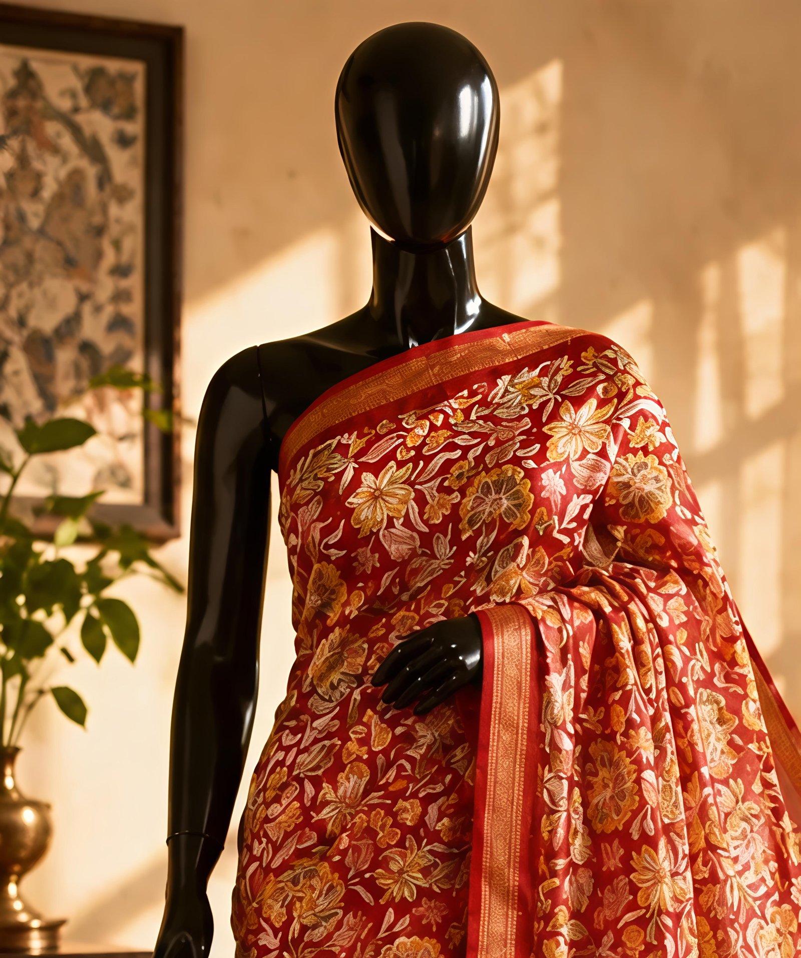 Elegant Red and Off-White Maheswari Silk Saree with Floral Kalamkari Prints