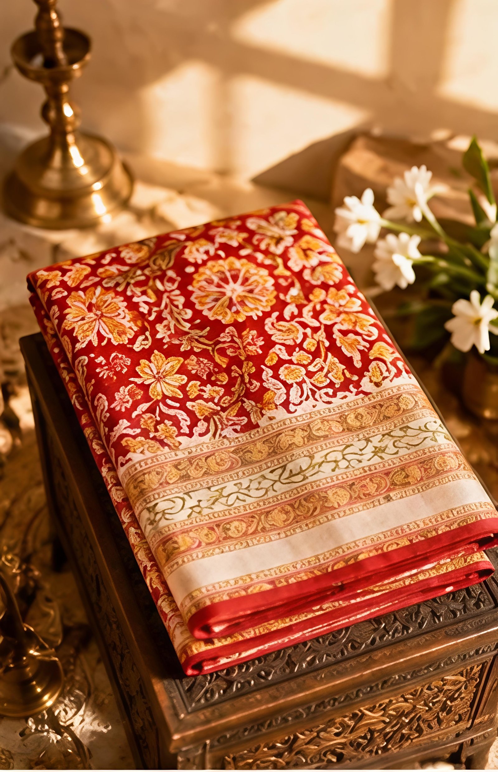 Elegant Red and Off-White Maheswari Silk Saree with Floral Kalamkari Prints view 4
