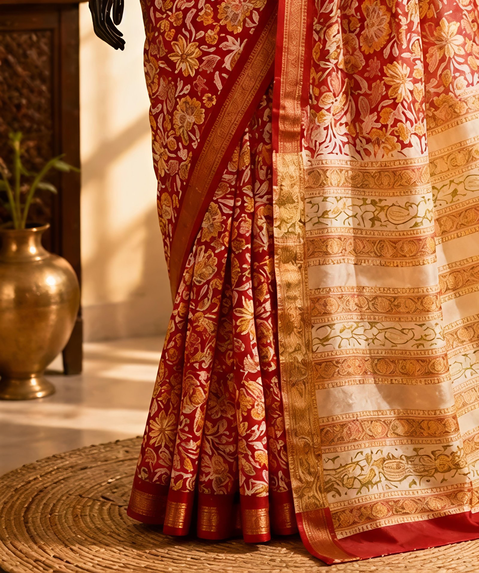 Elegant Red and Off-White Maheswari Silk Saree with Floral Kalamkari Prints view 5