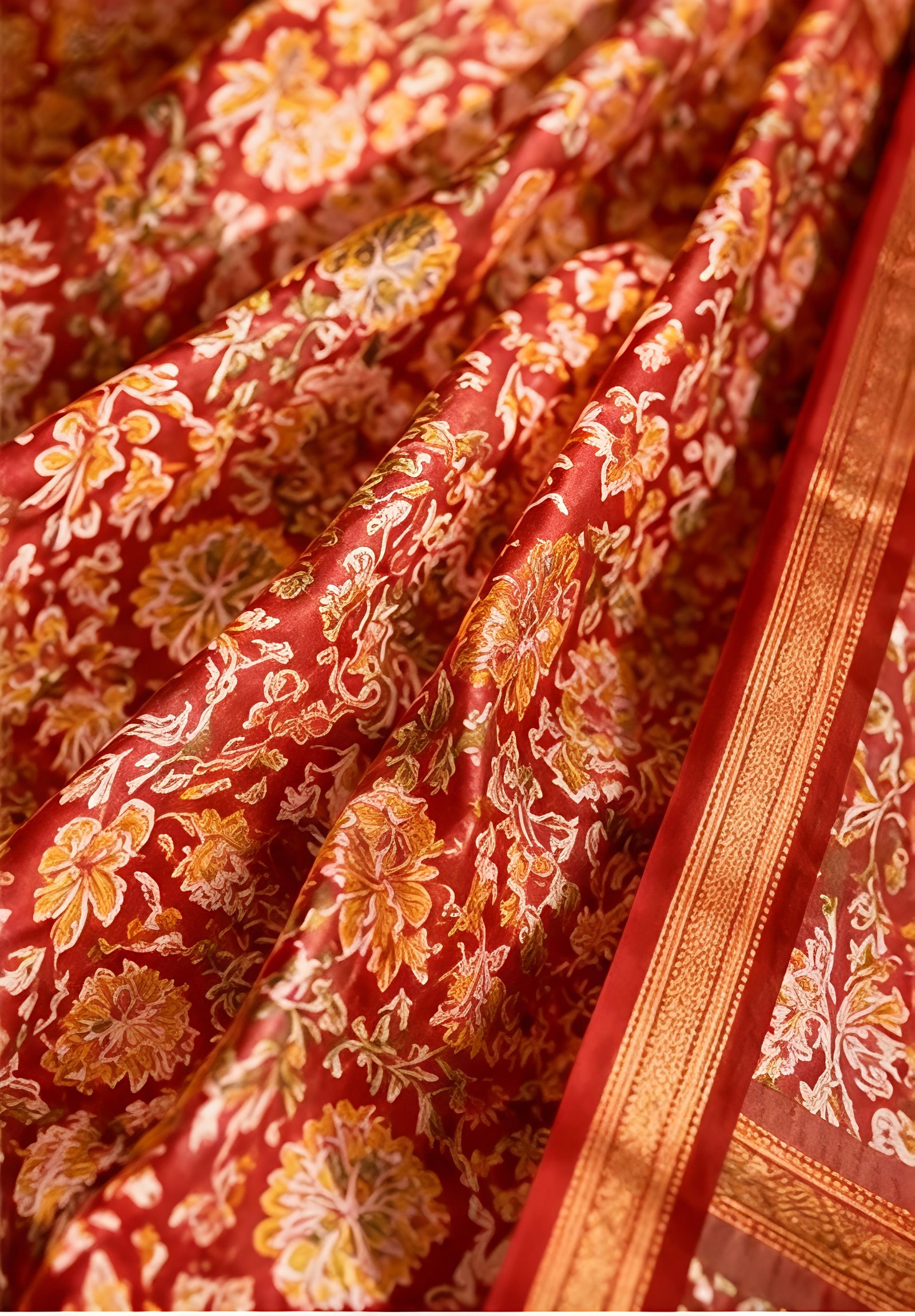 Elegant Red and Off-White Maheswari Silk Saree with Floral Kalamkari Prints view 6