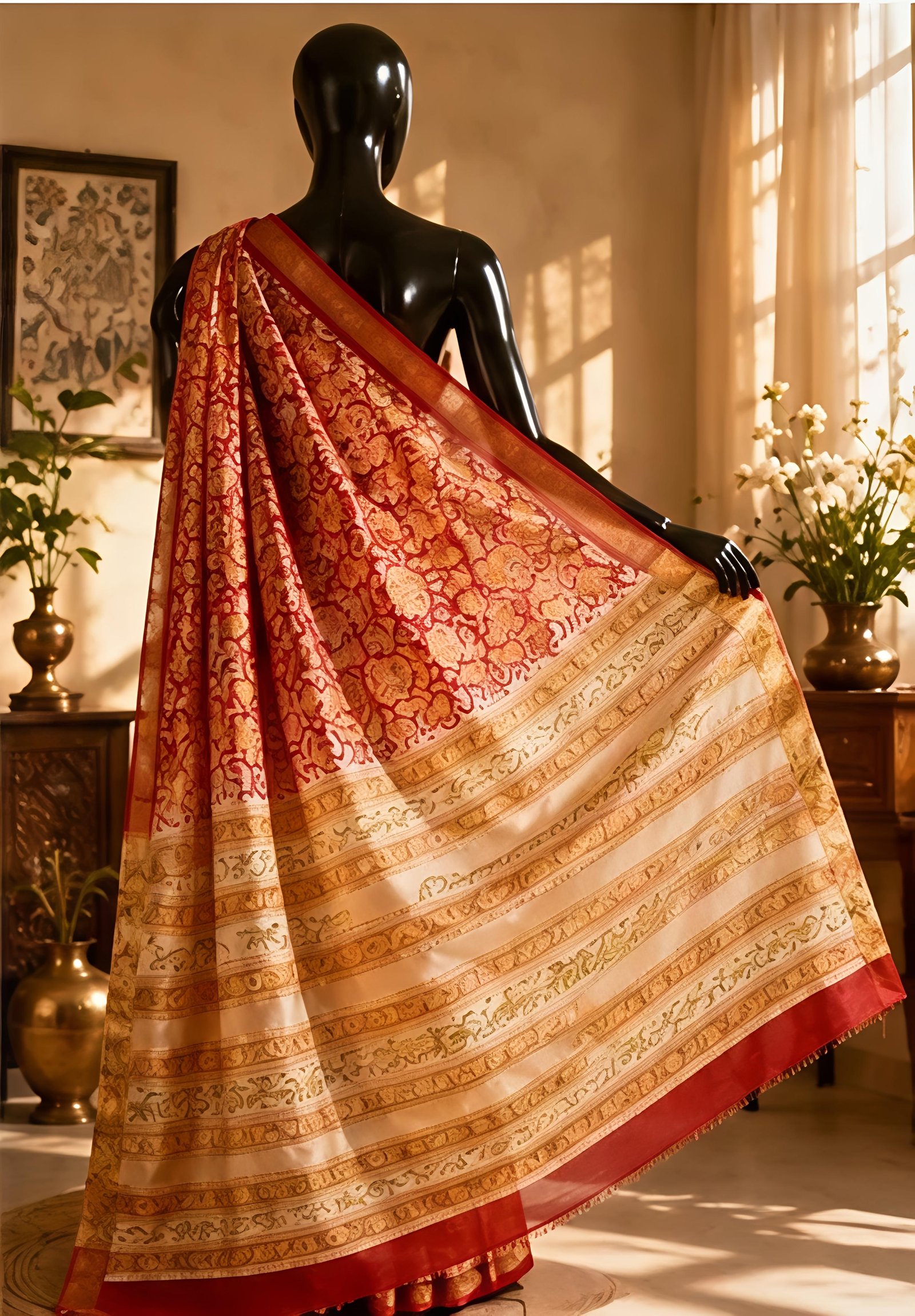 Elegant Red and Off-White Maheswari Silk Saree with Floral Kalamkari Prints view 7