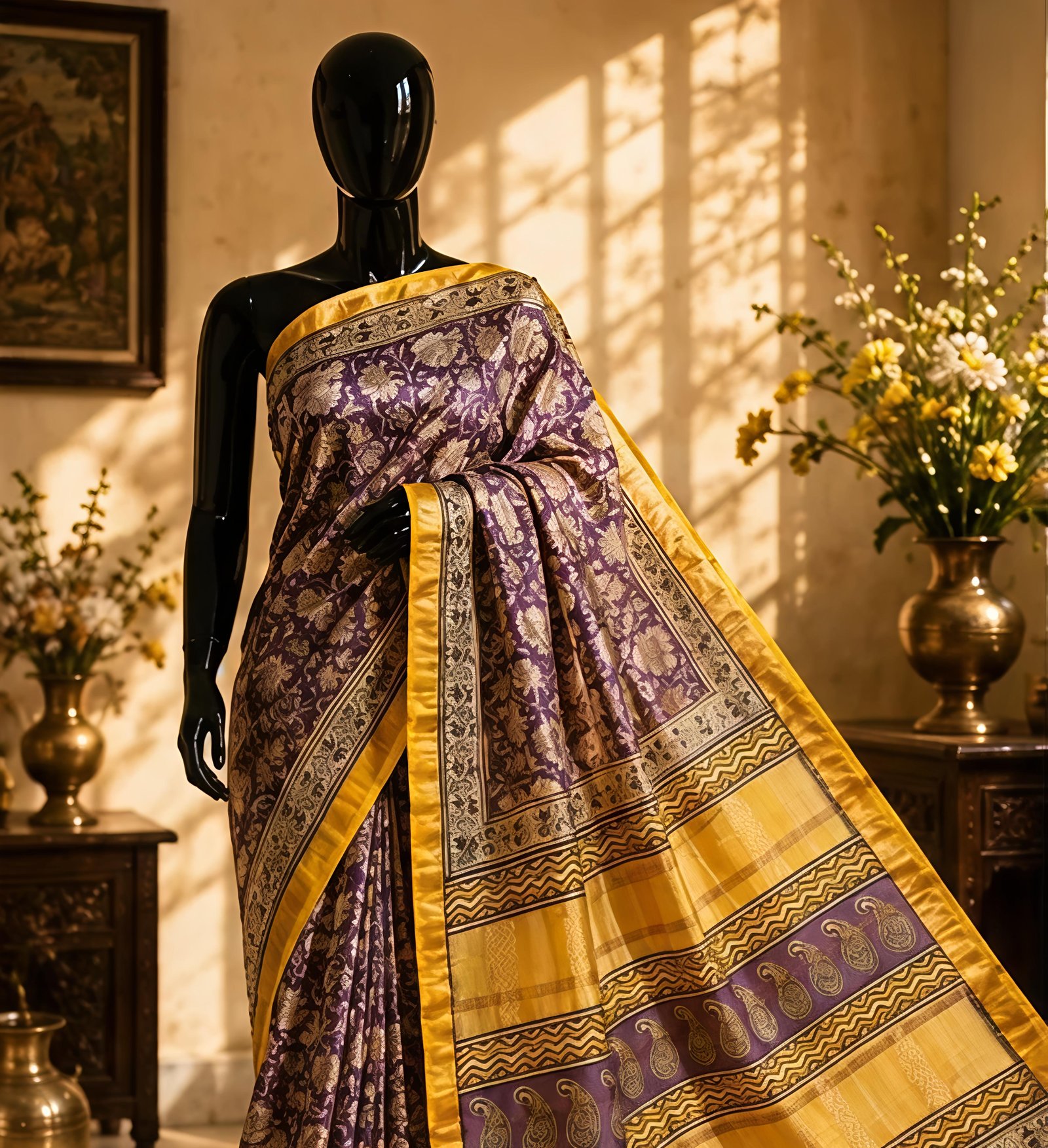 Elegant Purple and Yellow Maheswari Silk Saree