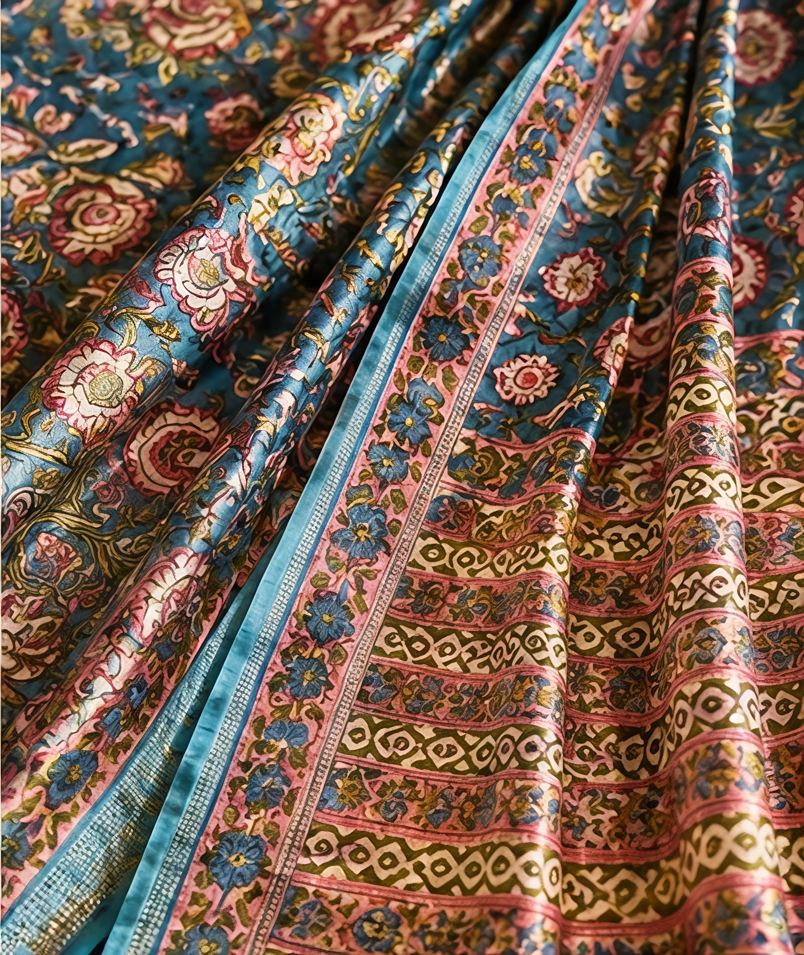 Turquoise Blue and Multi-Color Floral Maheswari Silk Saree view 3