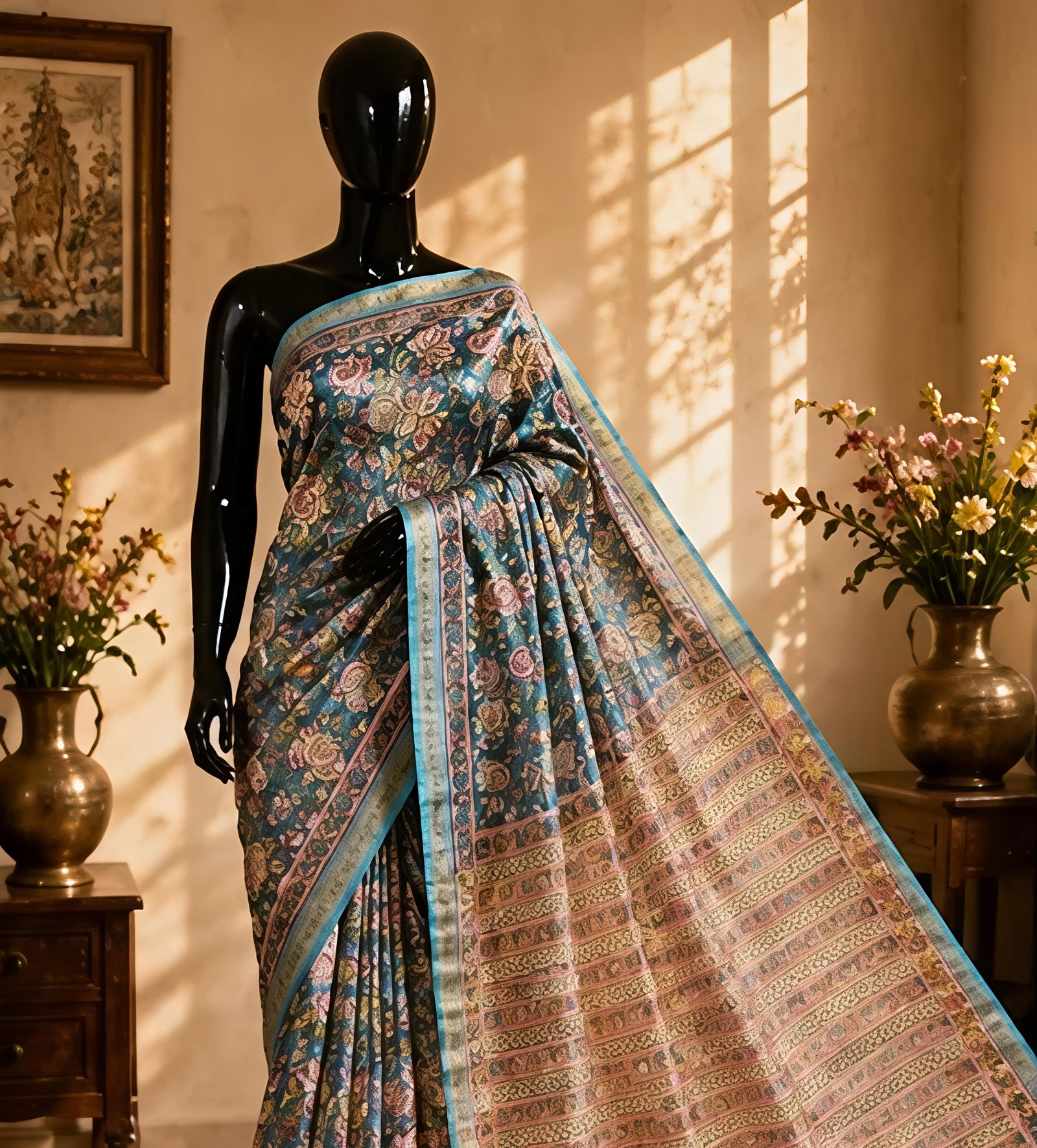 Turquoise Blue and Multi-Color Floral Maheswari Silk Saree
