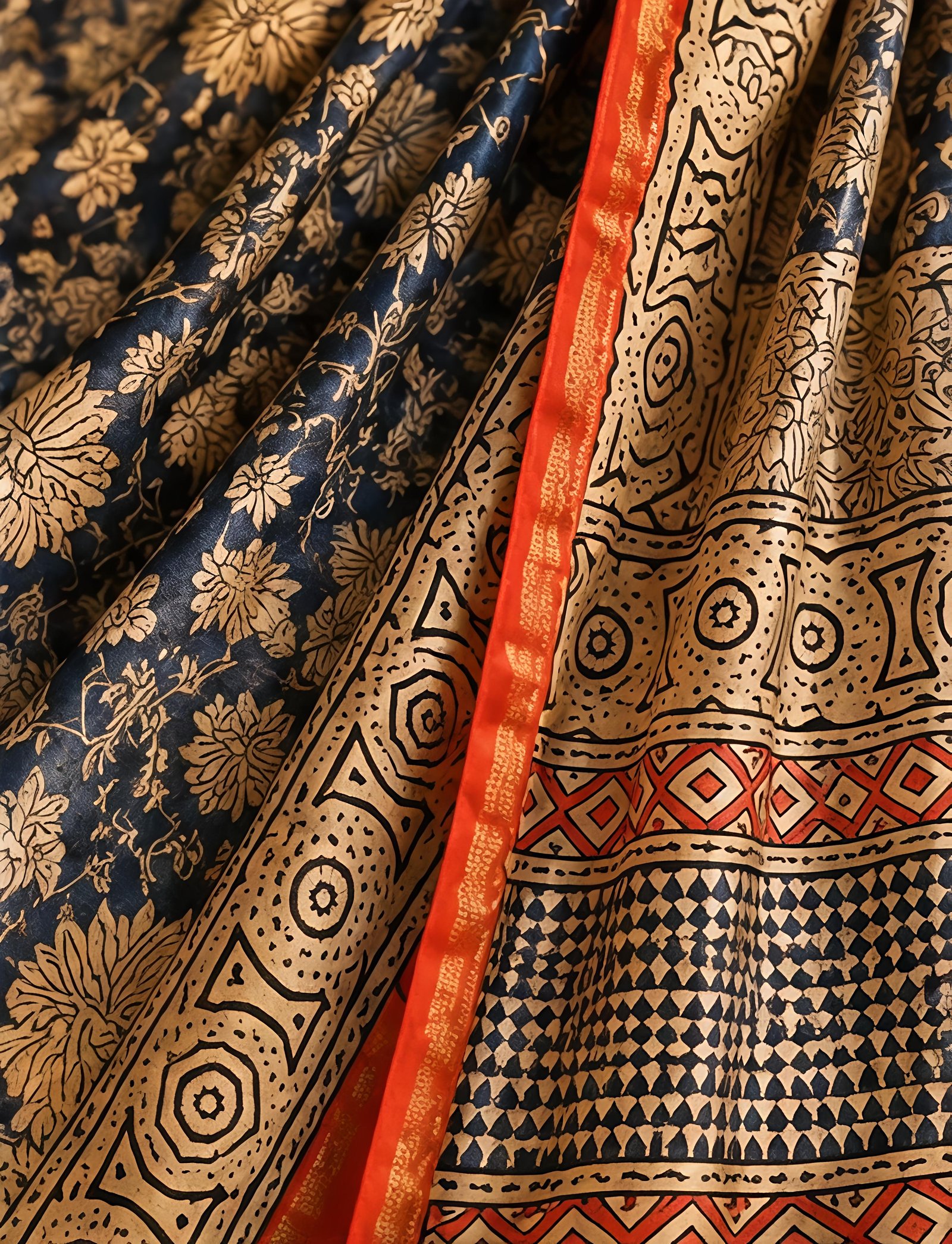 Indigo Blue and Beige Maheswari Silk Saree with Rust-Orange Border view 2