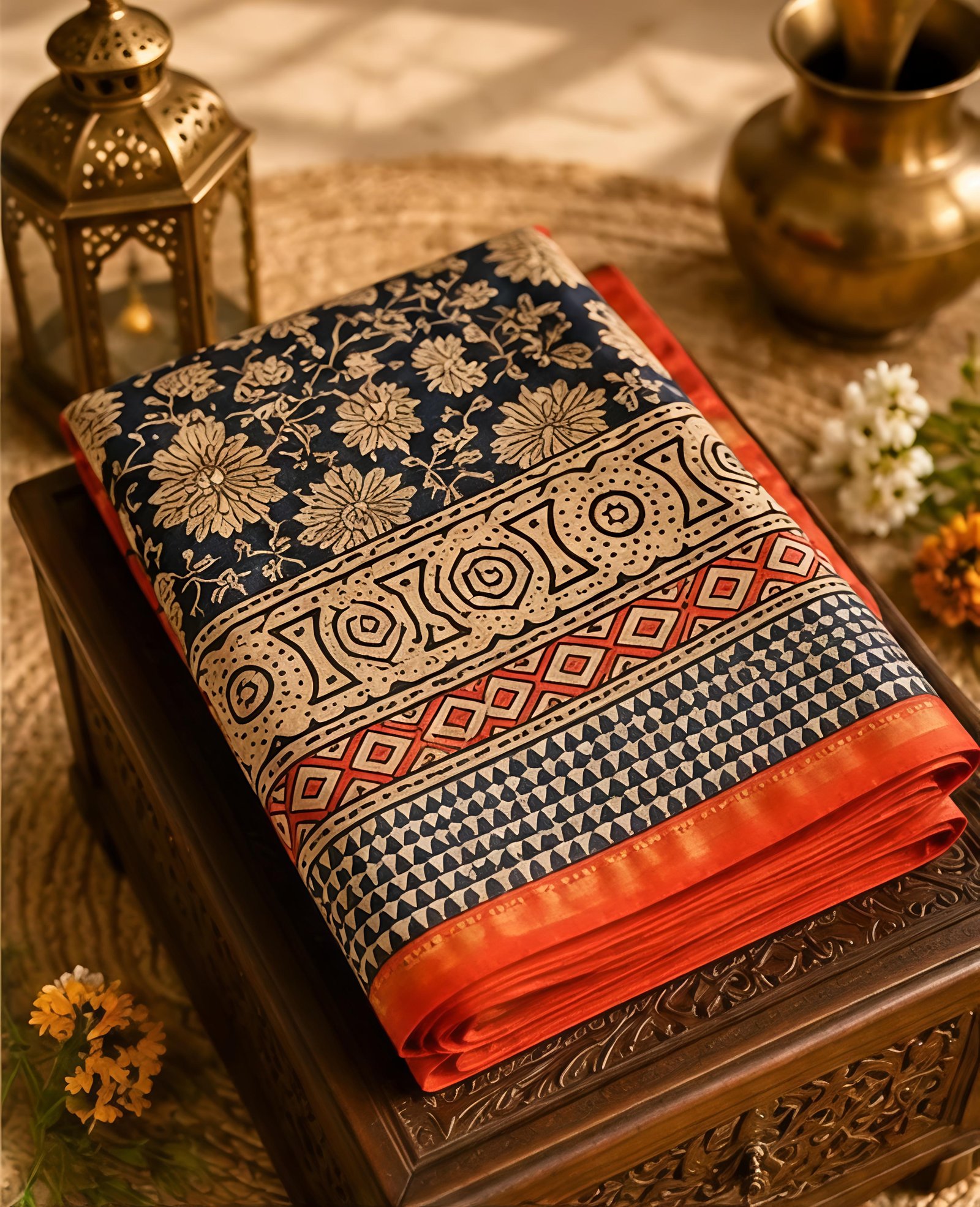 Indigo Blue and Beige Maheswari Silk Saree with Rust-Orange Border view 5