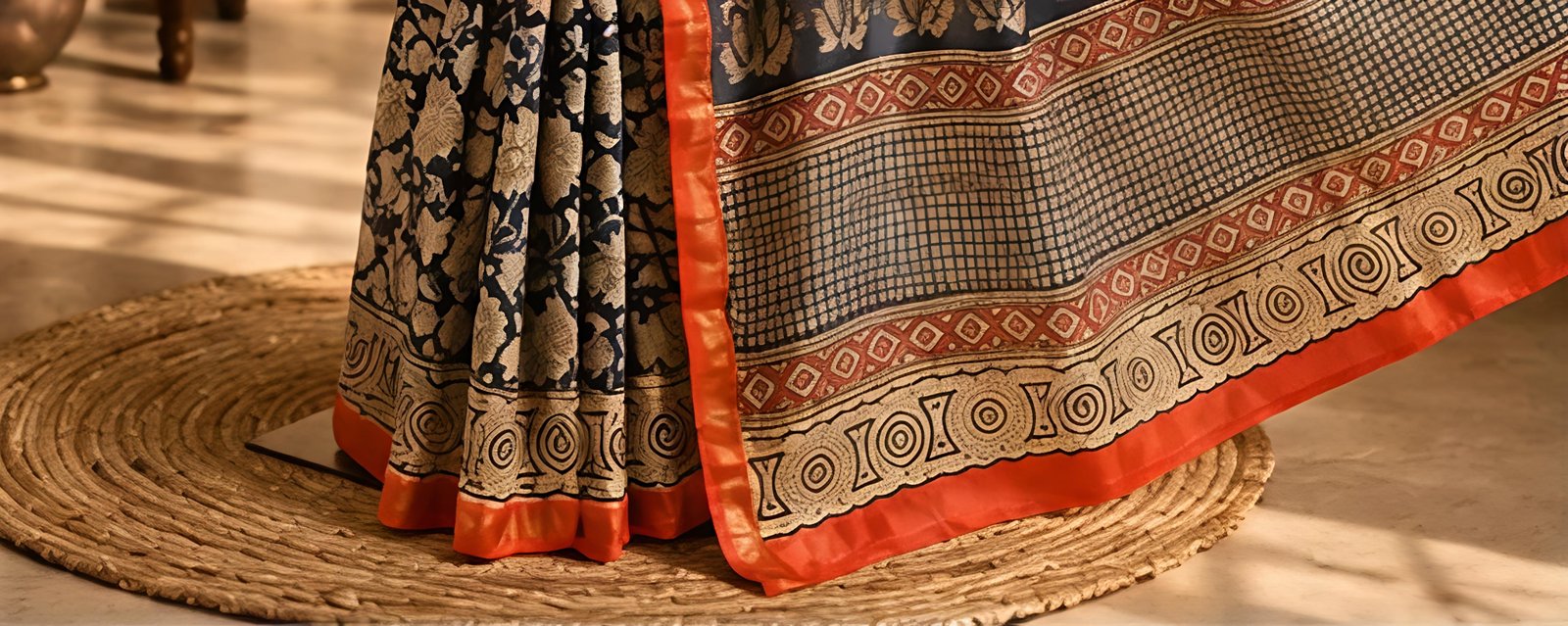 Indigo Blue and Beige Maheswari Silk Saree with Rust-Orange Border view 7